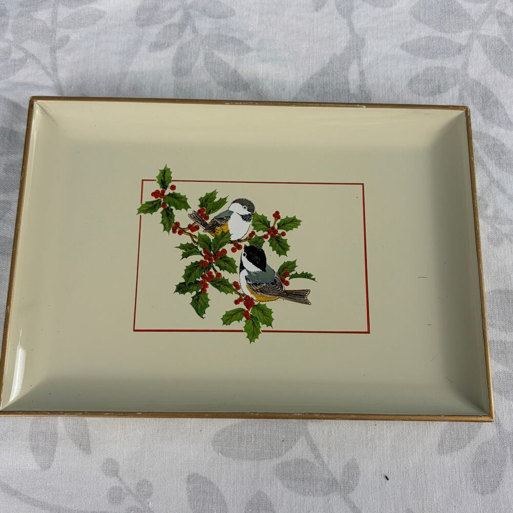 Chickadees in Hollyberries Christmas Otagiri Laquered Trinket Tray Japan